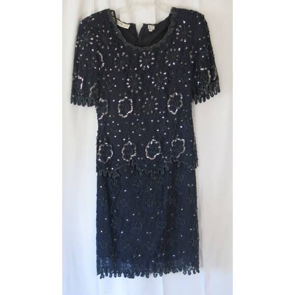 VINTAGE SCALA Dress Size PL Beaded Lace Sequins Cocktail/Evening/Party Navy Blue - Picture 1 of 8